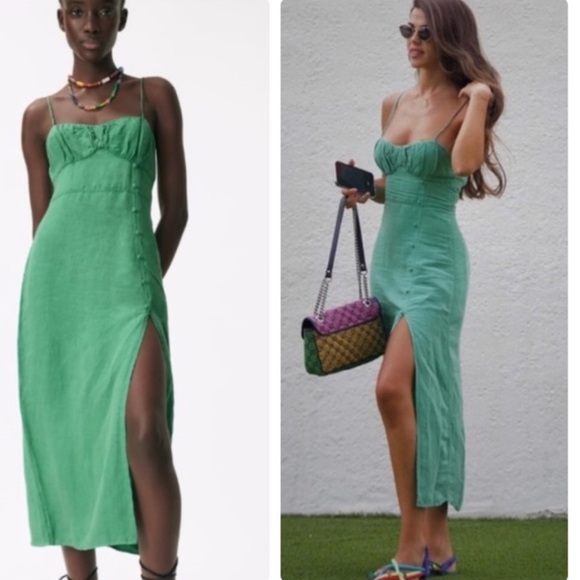 Zara Dresses & Skirts - Zara Green Midi Dress with Slit linen medium women’s dress #902
